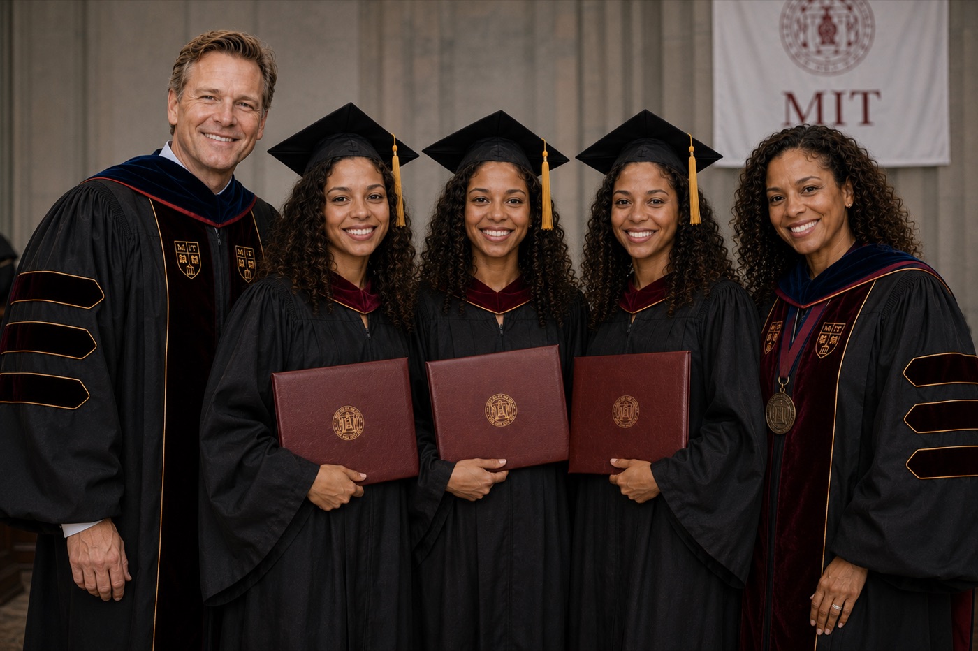 Hamish, Mia, and their three daughters in academic regalia