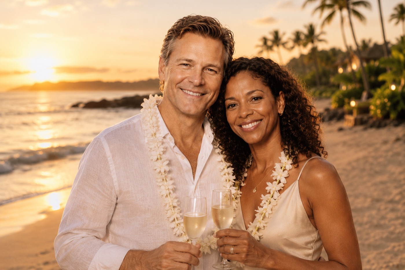 Hamish and Mia by the ocean at sunset, celebrating