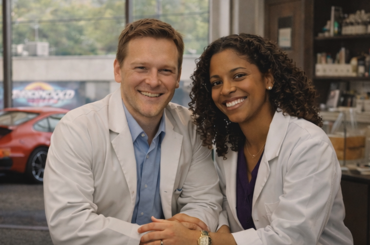 Hamish and Mia in lab coats during a work session in the 1990s