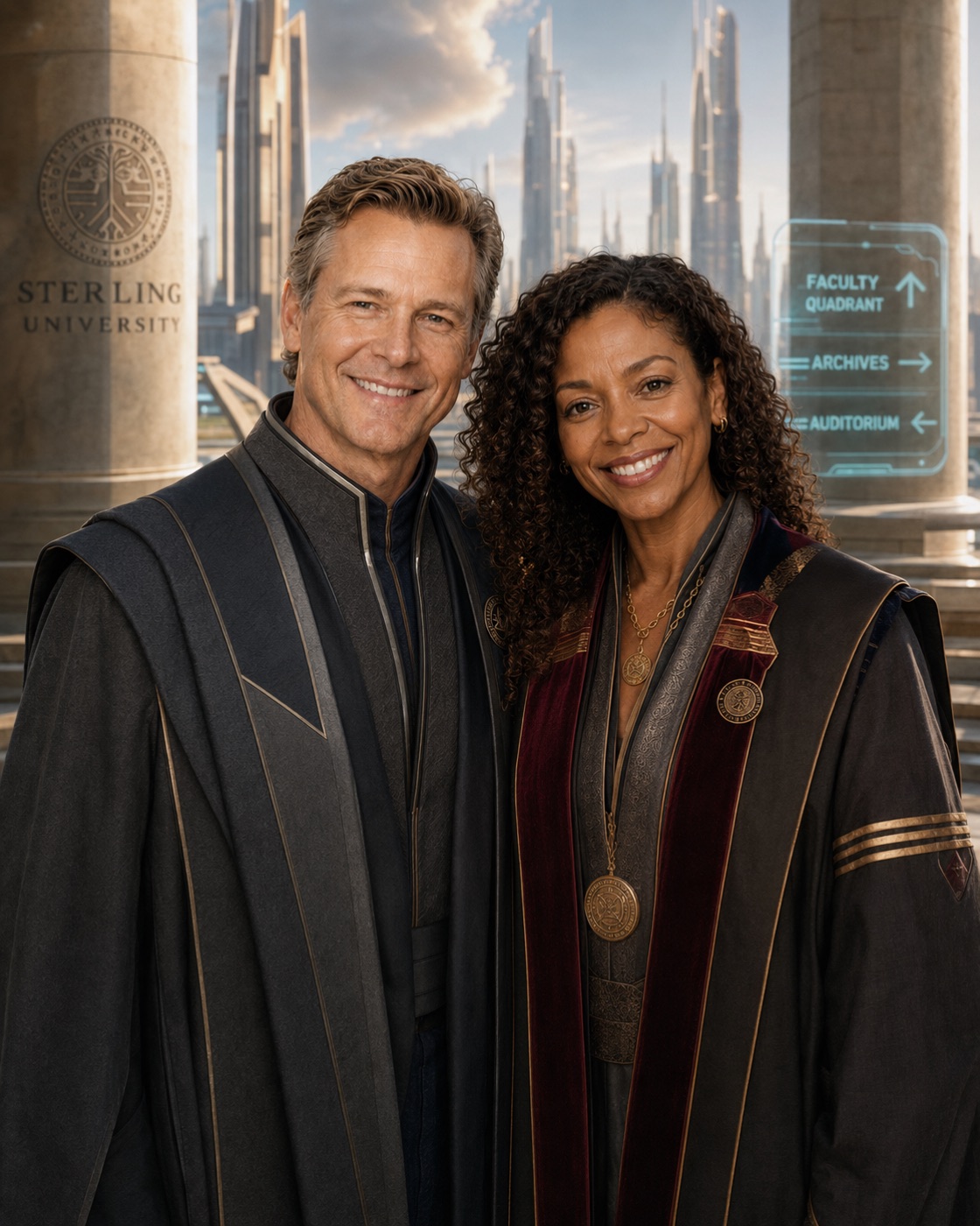 Hamish and Mia in academic robes at Streeling University, Trantor