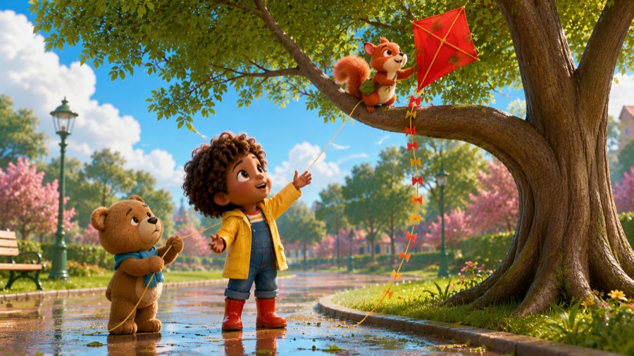 AI animation still: the same child, bear, and squirrel in the same park in a different scene